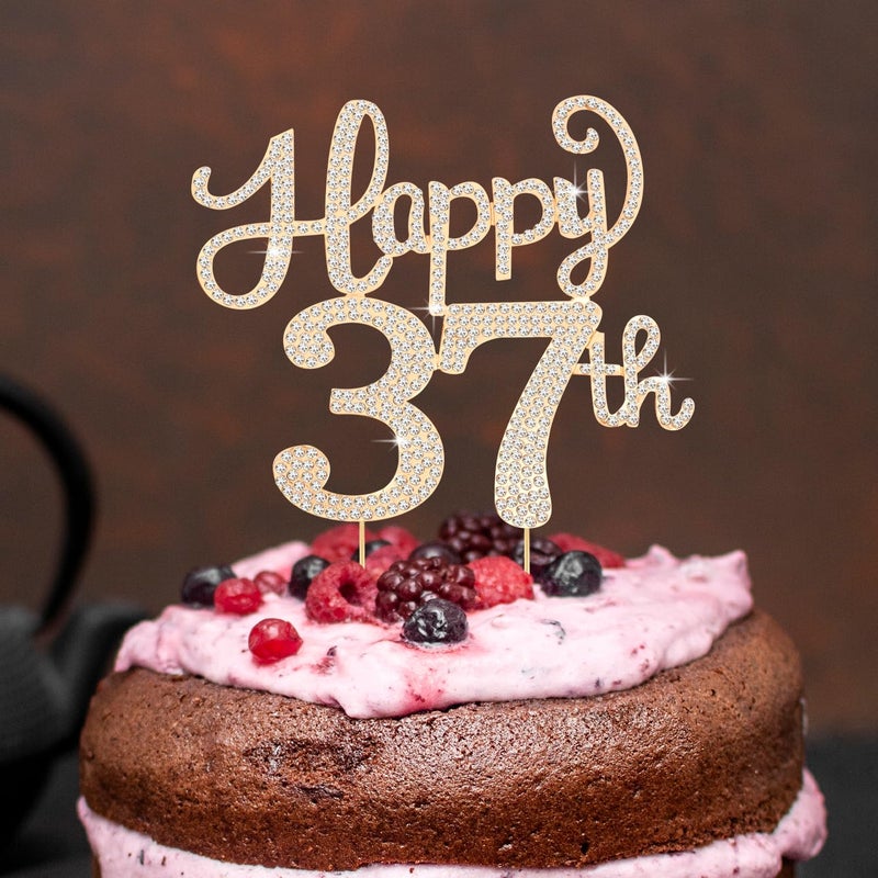 LASKYER Happy 37th Birthday Decorations,37th Birthday Gold Rhinestone Cake Topper - Cheers to 37 Years Old Bday Party Metal Sparkly Cake Centerpieces Sign. - Image 5